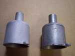 Here's a side by side photo of a glass bead blasted suction chamber body next to one I haven't blasted yet. I used a medium grade glass bead. I'm going to use a fine grade on the other one just to see if there is any difference. These two are spares I'm using before I do the '62 carbs.
(12/09)
(continued on next page click below)